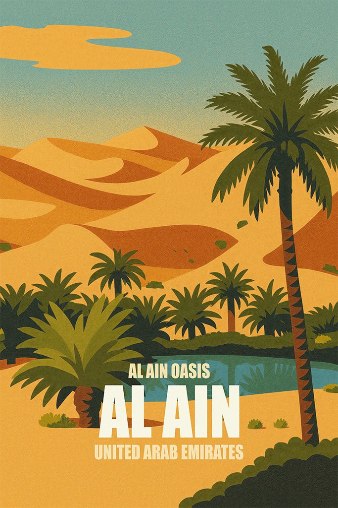 Vintage-style poster of Al Ain Oasis with palm trees and desert landscape.
