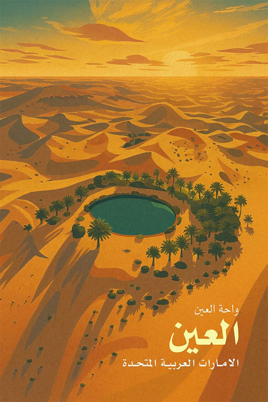 Illustration of a desert oasis with a pool and palm trees, labeled 'Al Ain Oasis, Al Ain, United Arab Emirates'.