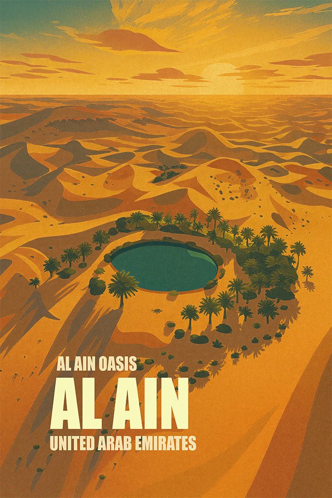Illustration of a desert oasis with a pool and palm trees, labeled 'Al Ain Oasis, Al Ain, United Arab Emirates'.