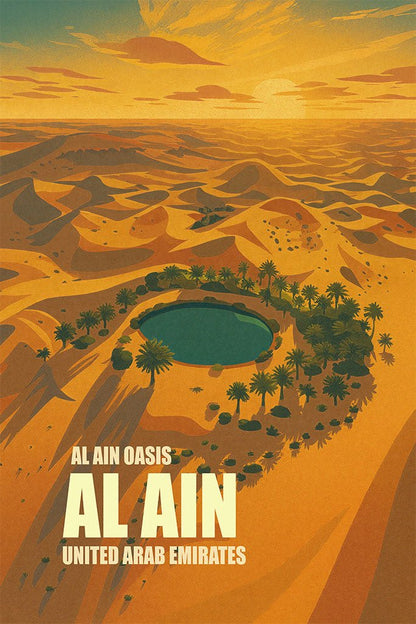 Illustration of a desert oasis with a pool and palm trees, labeled 'Al Ain Oasis, Al Ain, United Arab Emirates'.