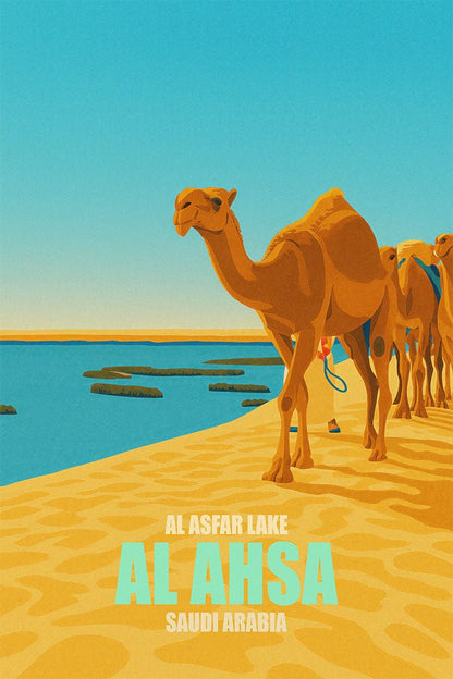 Camel caravan near a lake with text 'Al Asfar Lake Al Ahssa Saudi Arabia' on a blue sky background.