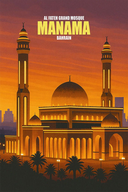 Illustration of Al Fateh Grand Mosque in Manama, Bahrain with a sunset sky.