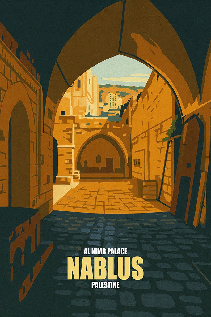 Vintage travel poster of Al-Nimr Palace in Nablus, Palestine, arched stone passage and sunlit courtyard in warm ochre tones.
