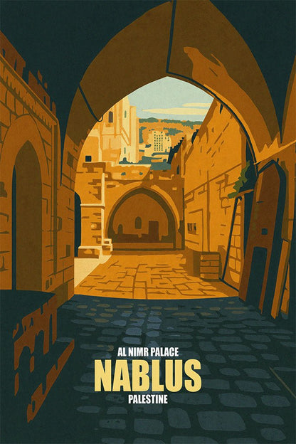 Vintage travel poster of Al-Nimr Palace in Nablus, Palestine, arched stone passage and sunlit courtyard in warm ochre tones.