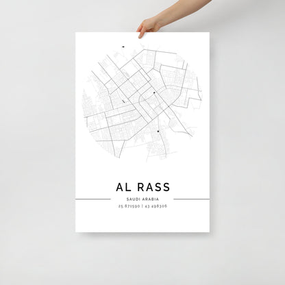 Minimalist black and white map of Al Rass (الرَّسّ), Saudi Arabia – fine art wall print on archival paper.