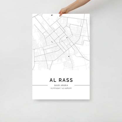Minimalist black and white map of Al Rass (الرَّسّ), Saudi Arabia – fine art wall print on archival paper.