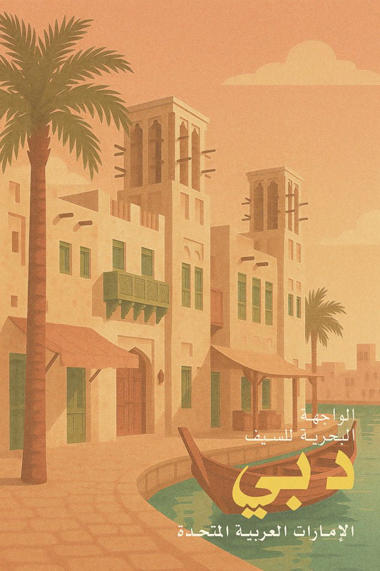 Vintage-style travel poster of Al Seef Waterfront in Dubai with traditional Emirati buildings, palm trees, and dhow boat.