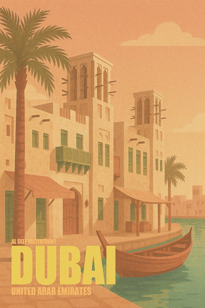 Vintage-style travel poster of Al Seef Waterfront in Dubai with traditional Emirati buildings, palm trees, and dhow boat.