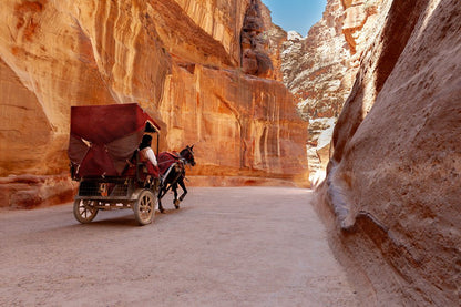 A horse-drawn carriage travels through Al Siq Petra, a narrow canyon with towering sandstone walls in Jordan. The bright sunlight casts shadows on the textured rock formations, highlighting their red and orange hues. The dusty, well-trodden path enhances the ancient allure of this timeless landscape captured by FN Prints.