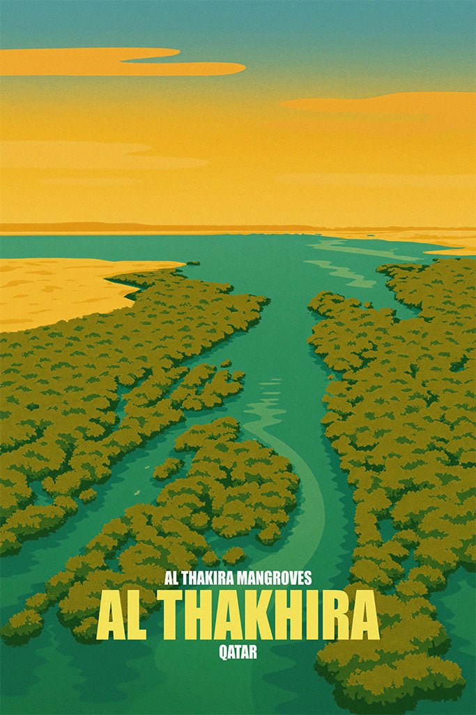 Illustration of Al Thakhira Mangroves with a river and mangrove trees, featuring the text 'Al Thakhira Mangroves Al Thakhira Qatar'.