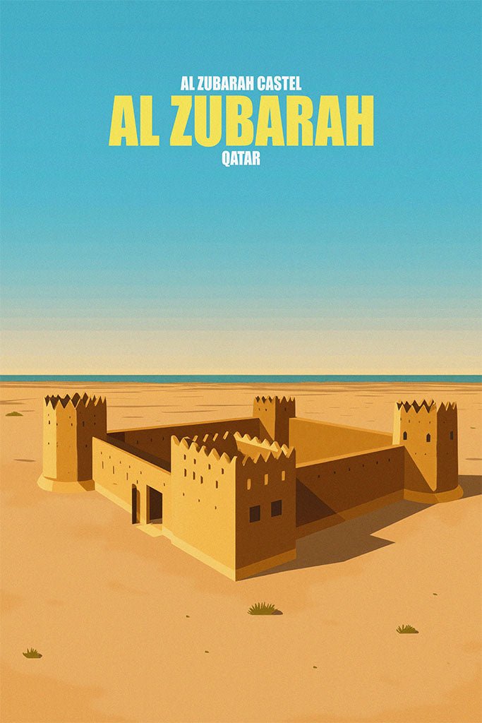 Illustration of Al Zubarah Castle in Qatar with a blue sky and ocean background.