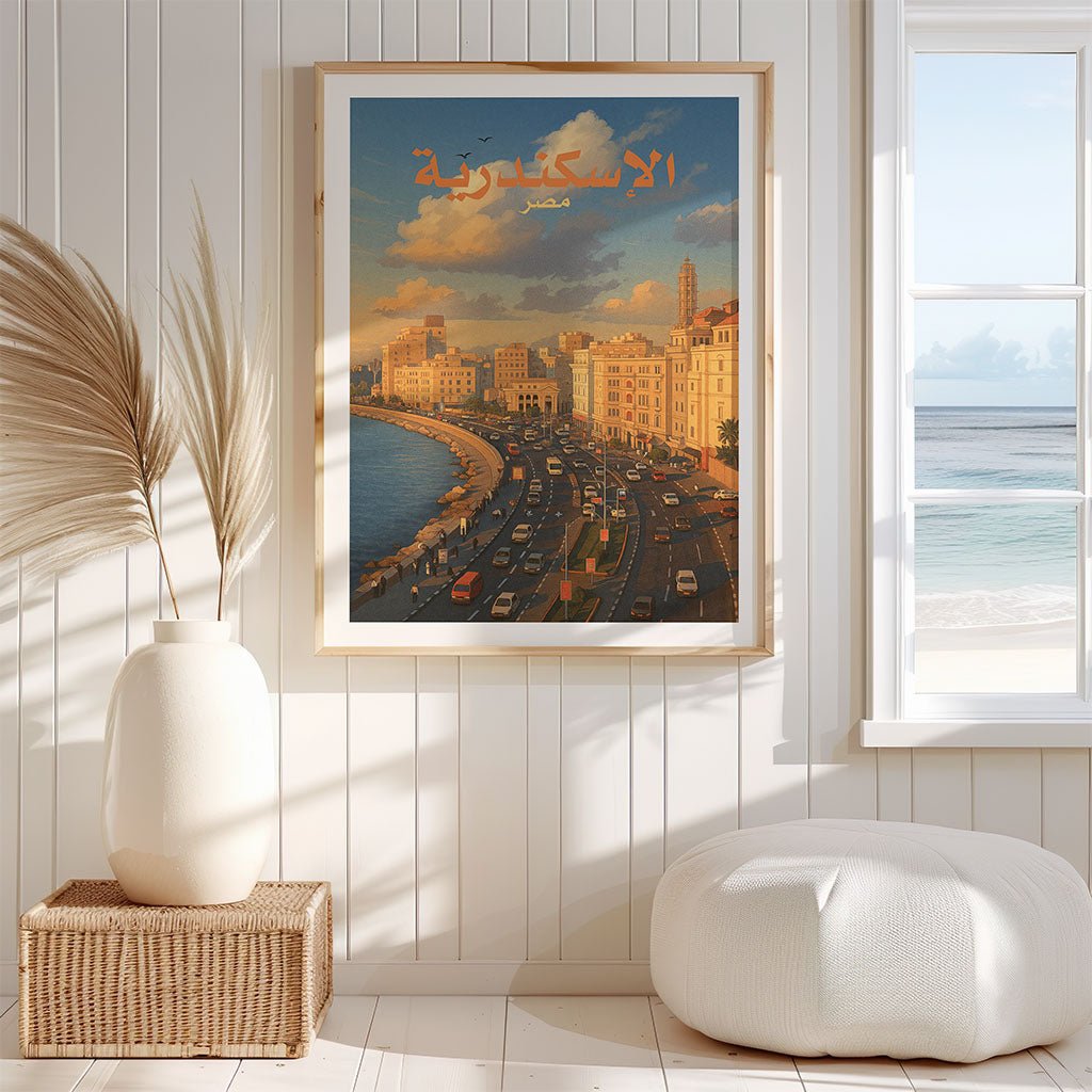 FN Prints' “Alexandria Corniche” framed wall art poster features Arabic text and a cityscape. Displayed on a white wall with dried grasses, a wicker basket, and a pouf, it captures views of ocean and sky through the window.
