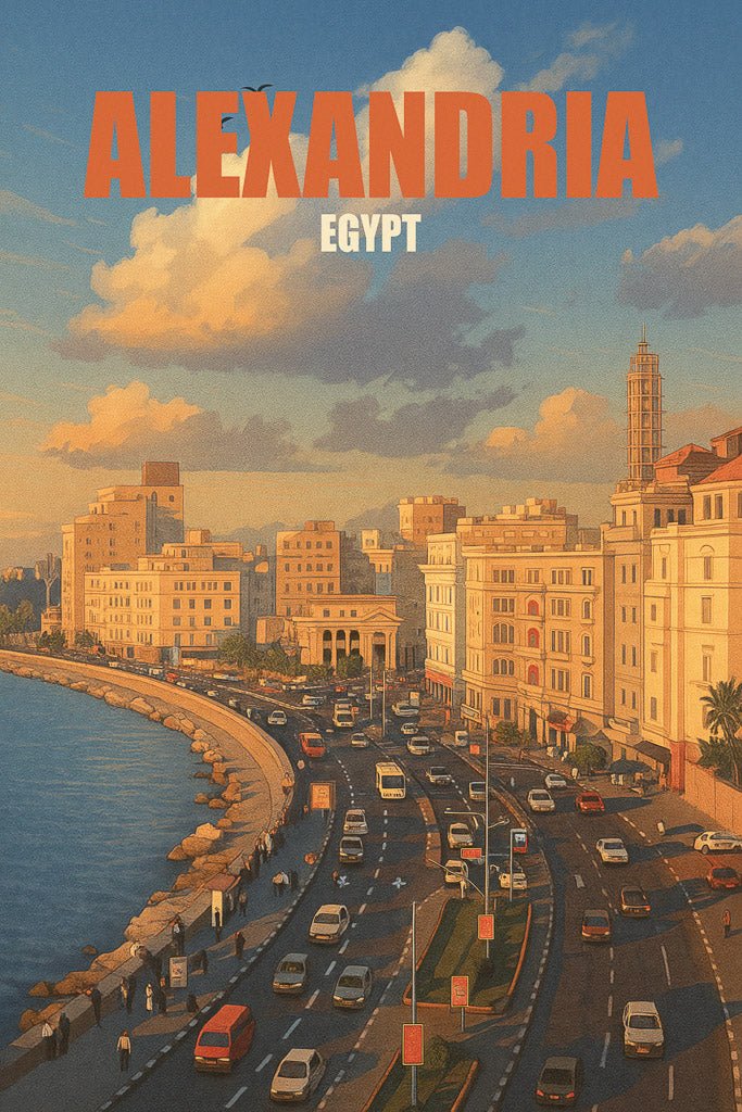 The "Alexandria Corniche" wall art by FN Prints showcases Alexandria’s Mediterranean architecture along the curved Corniche by the sea with historic buildings. Large “ALEXANDRIA EGYPT” text tops this perfect decor for any space.