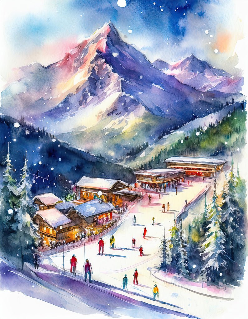 The Alpine Retreat by FN Prints vividly captures a picturesque winter scene, featuring cozy, illuminated cabins nestled at the base of snowy mountains. Skiers and snowboarders glide effortlessly down the slopes, while majestic peaks rise in the background under a softly glowing sky—crafting an idyllic winter getaway on canvas.