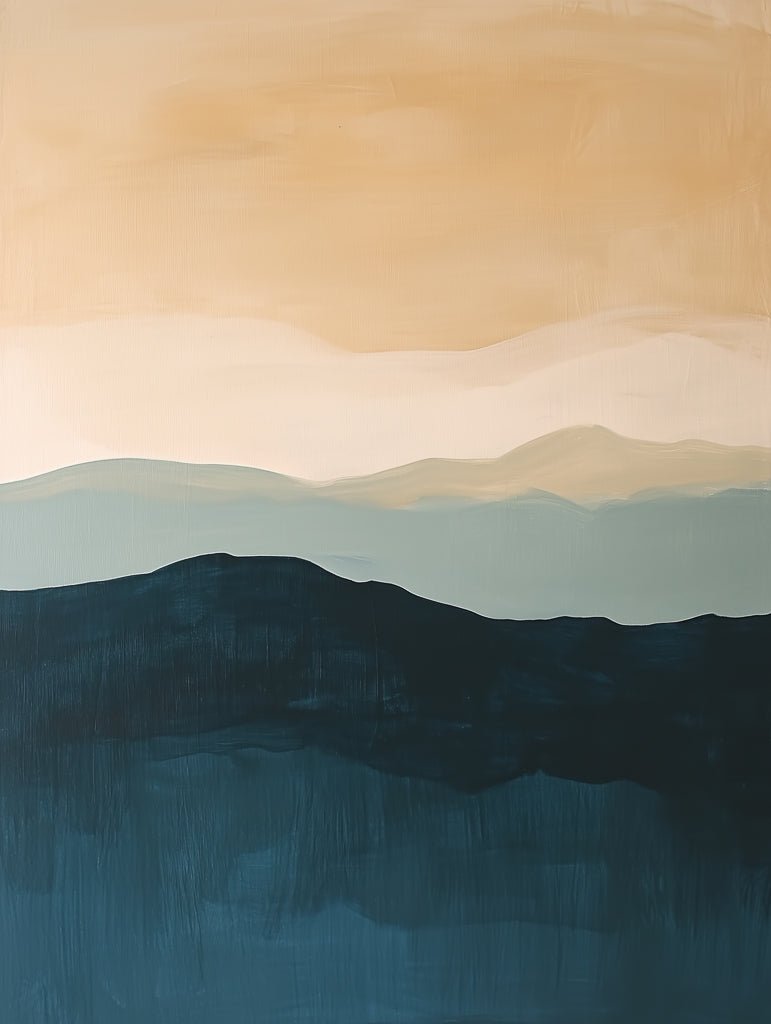 Minimalist landscape wall art in ochre, sage, and deep blue with abstract hills and a soft horizon