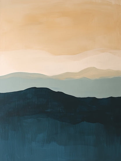 Minimalist landscape wall art in ochre, sage, and deep blue with abstract hills and a soft horizon