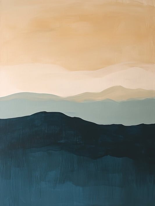 Minimalist landscape wall art in ochre, sage, and deep blue with abstract hills and a soft horizon