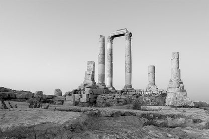 Black and white fine art photography of the ancient Roman Temple of Hercules ruins at the Amman Citadel in Jordan.