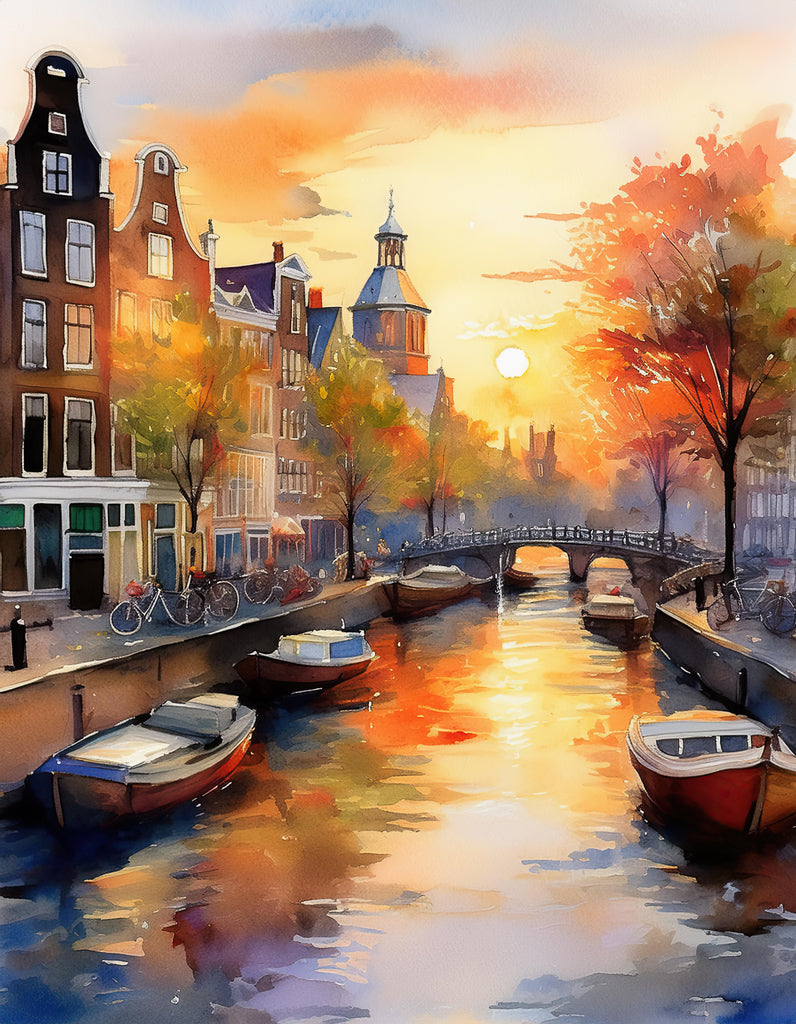 Discover "Summer In Amsterdam" by FN Prints—a splendid digital watercolor painting capturing an Amsterdam canal bathed in the golden light of sunset. The vibrant sky infuses warm hues onto the water and nearby buildings, while bicycles line the canal, trees don their autumn splendor, and boats rest along the sides beneath a distant bridge.