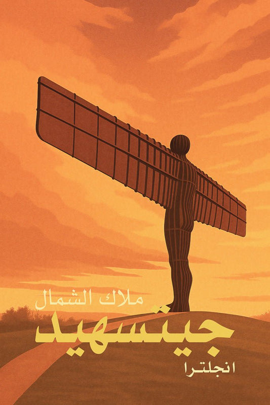 Vintage-style art print of the Angel of the North statue in Gateshead, England, with orange sunset tones and silhouette design.