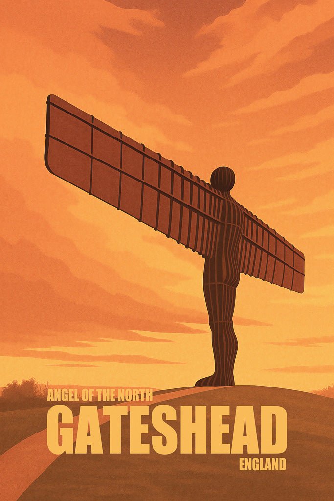 Vintage-style art print of the Angel of the North statue in Gateshead, England, with orange sunset tones and silhouette design.