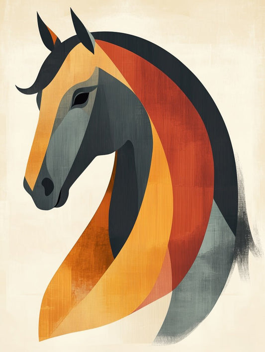 Illustrated wall art of an Arabian horse (حصان عربي) in warm abstract tones of orange, charcoal, and beige, combining heritage with modern decor.