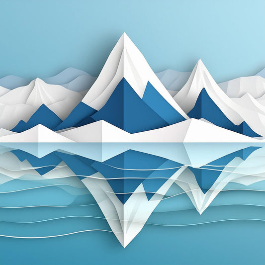 Arctic Landscape III by FN Prints showcases a stylized illustration of geometric, snow-capped mountains with white peaks and blue slopes beautifully reflected in a tranquil body of water. This digital artwork employs sharp lines and gradients of blue and white to create an abstract, symmetrical mountain scene.