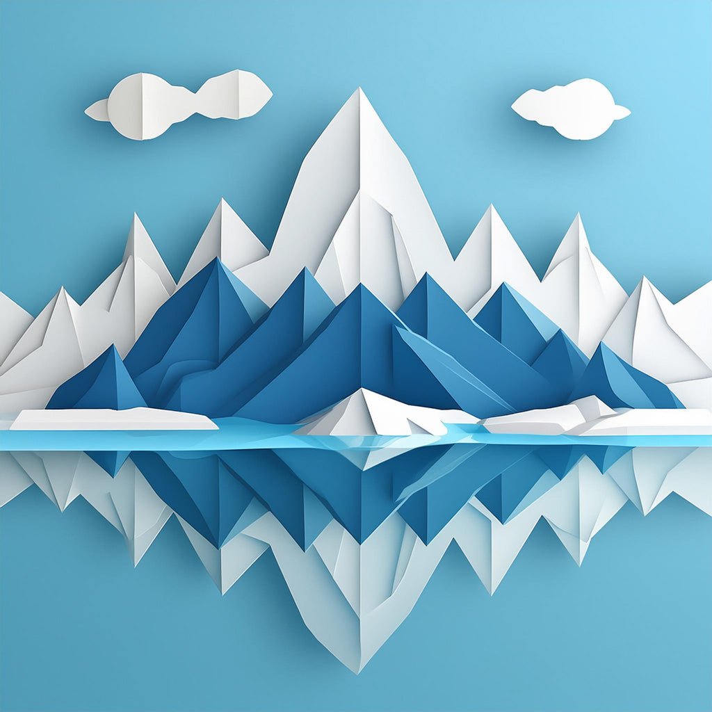 The Arctic Landscape IV by FN Prints is a digital art illustration showcasing an Arctic mountain landscape in blue and white hues. It features sharp, angular peaks reflected in a tranquil body of water under a light blue gradient sky with a few stylized clouds. The scene embodies a clean, minimalistic design with a folded paper effect.