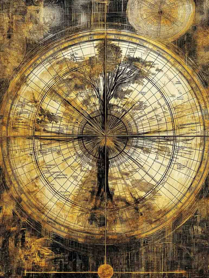 The Astral Navigator by FN Prints is an intricate abstract piece featuring a central tree surrounded by circular patterns reminiscent of celestial navigation charts. The artwork is characterized by earthy tones of gold, brown, and black, with detailed markings and textures throughout.