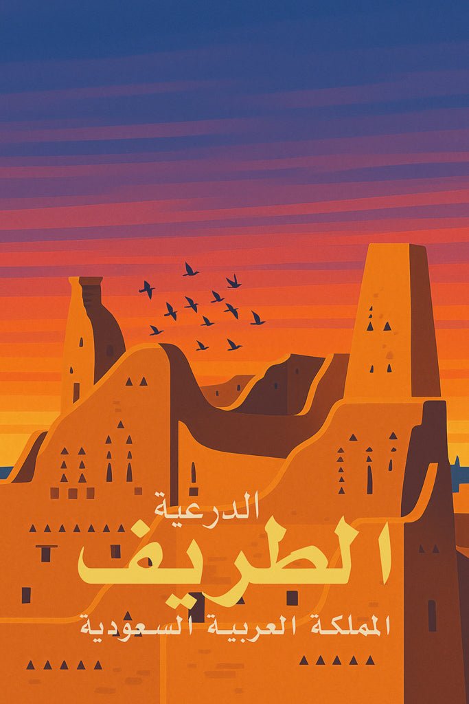 Illustrated poster of At-Turaif District in Diriyah, Saudi Arabia, with Najdi architecture and a warm sunset background.