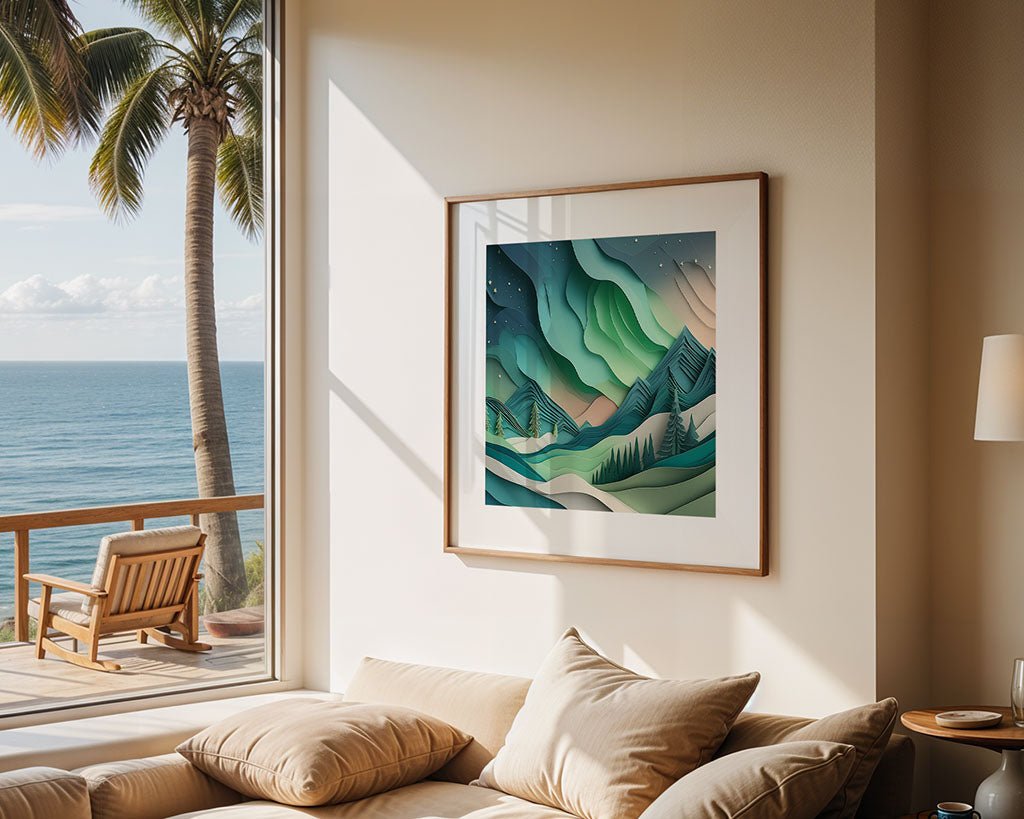 In a sunlit room overlooking the ocean, a modern painting from FN Prints adorns the wall. This abstract artwork, titled "Aurora Borealis (Northern Lights)," beautifully portrays mountains, trees, and a night sky. A cozy couch and lamp sit in the foreground, while outside you can see a palm tree and deck chair.