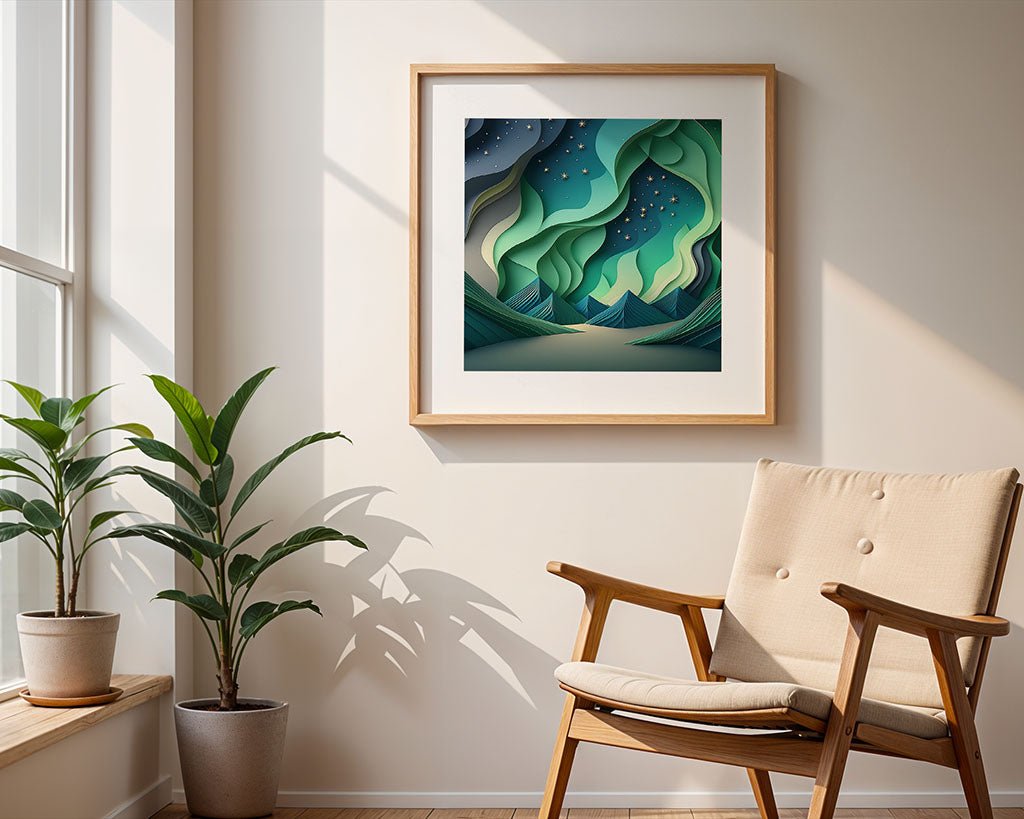 An art piece titled "Aurora Borealis (Northern Lights) II" by FN Prints, showcasing framed abstract swirls of green and blue resembling the aurora borealis, is displayed on a cream-colored wall. Nearby stands a wooden chair with a beige cushion. Two potted plants by the window throw gentle shadows on the floor, enhancing this tranquil digital art scene.