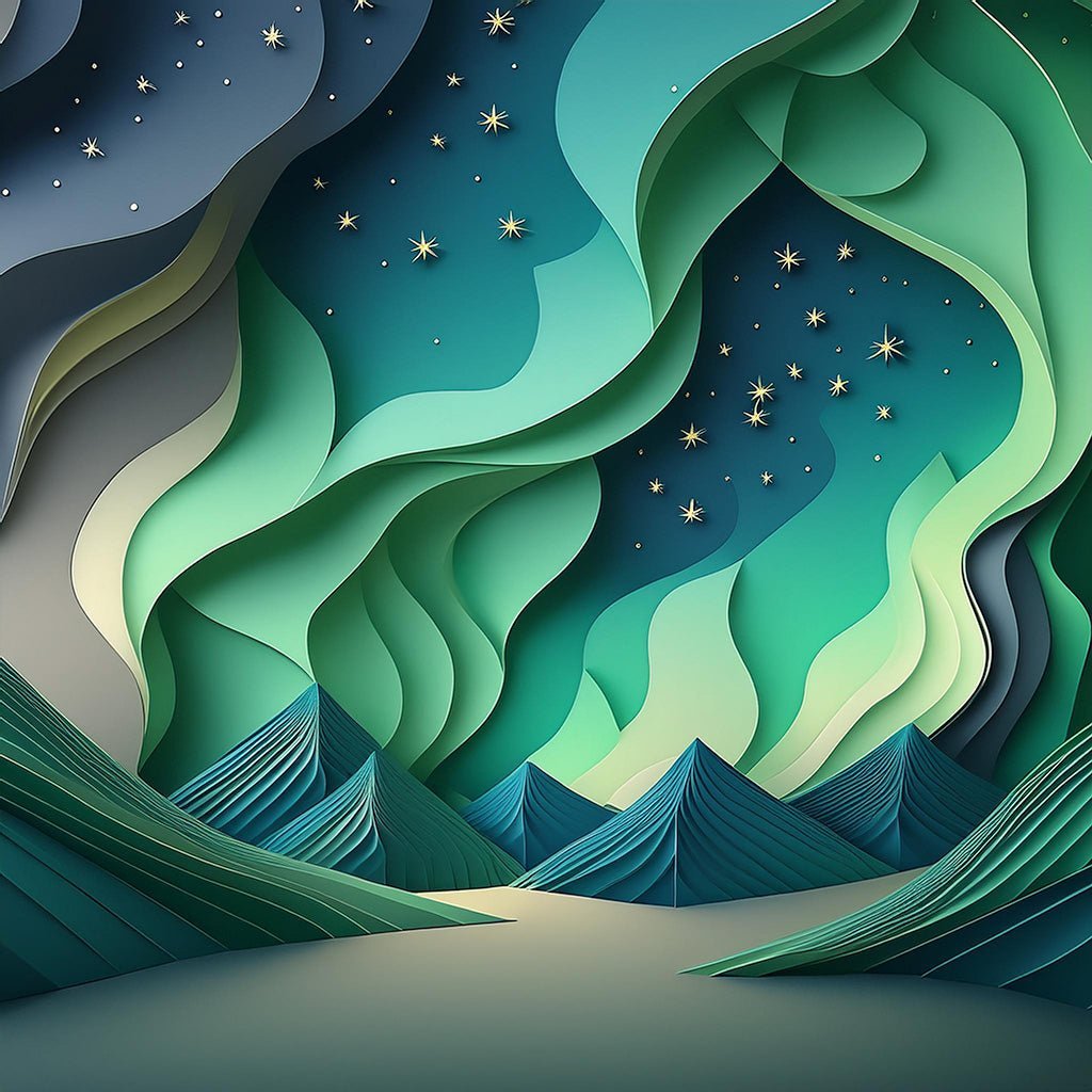 The "Aurora Borealis (Northern Lights) II" by FN Prints showcases a surreal landscape with stylized, paper-cut mountains and valleys. This digital art print features a turquoise and green color palette, undulating layers reminiscent of aurora borealis art, and a star-filled sky that adds a whimsical touch to the ethereal, dream-like setting.