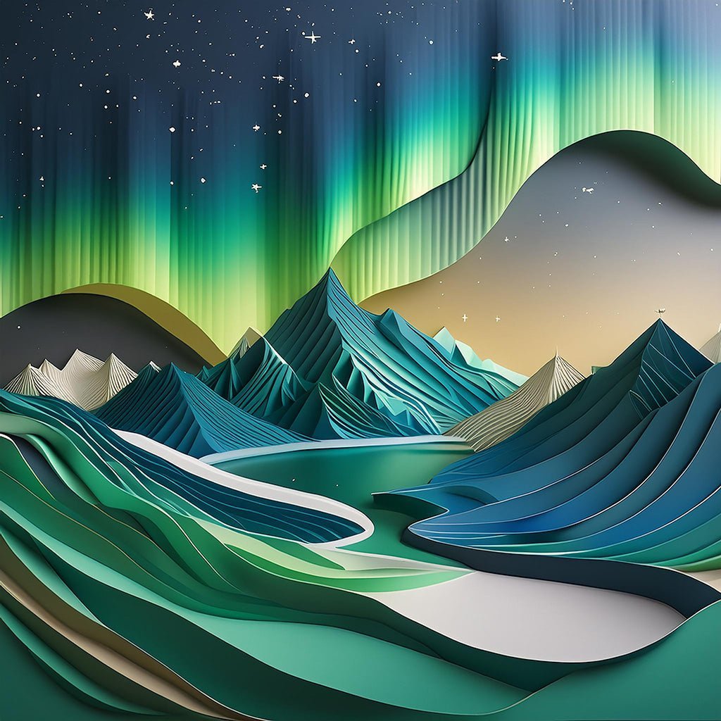 The "Aurora Borealis (Northern Lights) III" by FN Prints depicts a surreal digital art landscape with layered, paper-like elements showcasing green and blue shades of mountains, a winding river, and rolling hills. Above this enchanting scene, an abstract and vivid Aurora Borealis illuminates a starry night sky, seamlessly blending natural beauty with artistic whimsy.