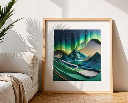 The product "Aurora Borealis (Northern Lights) III" by FN Prints is a framed digital artwork that vividly captures mountains, a winding river, and the mesmerizing Aurora Borealis. It rests against a wall adorned with shadows of plant leaves, bursting with vibrant greens, blues, and earthy tones.