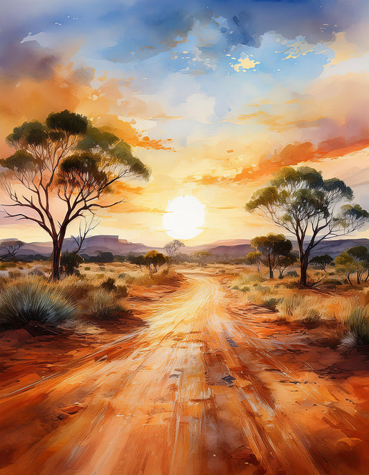 A vivid piece titled "Australian Outback" by FN Prints captures a serene desert landscape at sunset, reminiscent of Australia's iconic terrain. A winding dirt road stretches to the horizon, punctuated by trees and shrubs across the red earth. The sky is awash with warm hues of orange, yellow, and blue as the sun descends behind distant hills in this nature-inspired scene.