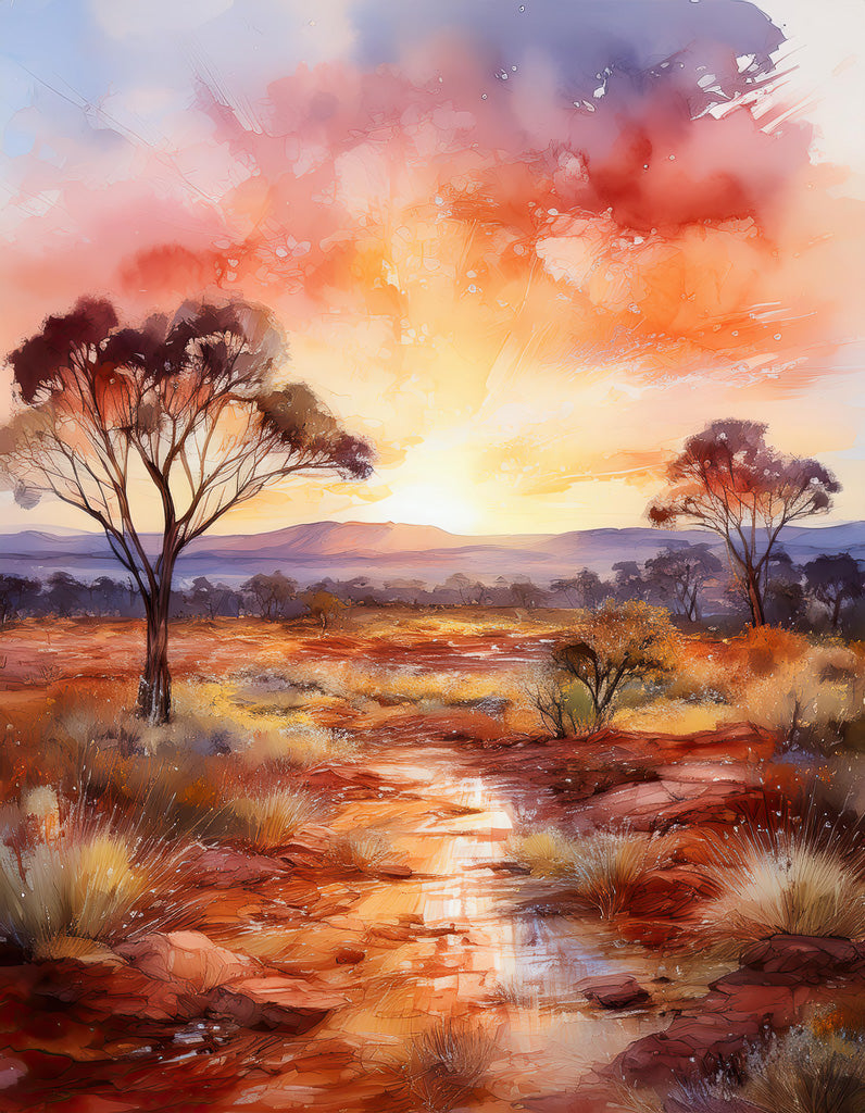 The vibrant **Outback Sunset** watercolor painting by **FN Prints** beautifully depicts an Australian outback sunset over a rugged landscape. The sky is awash in hues of orange, pink, and purple with silhouetted eucalyptus trees dotting the red earth, while a winding path reflects the colors of the setting sun—perfect for adding charm to a rustic living room.