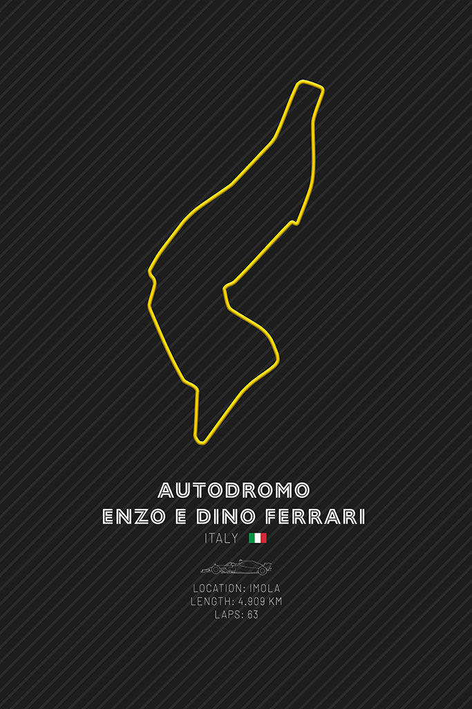 Minimalist art print featuring the Autodromo Enzo e Dino Ferrari Imola F1 track layout in yellow on a dark background, showcasing the famous Italian racing circuit.