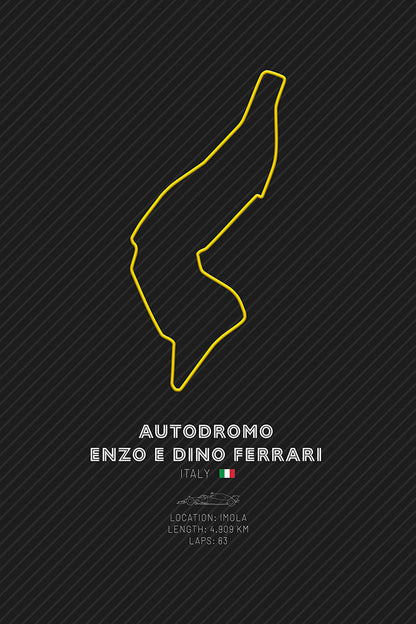 Minimalist art print featuring the Autodromo Enzo e Dino Ferrari Imola F1 track layout in yellow on a dark background, showcasing the famous Italian racing circuit.