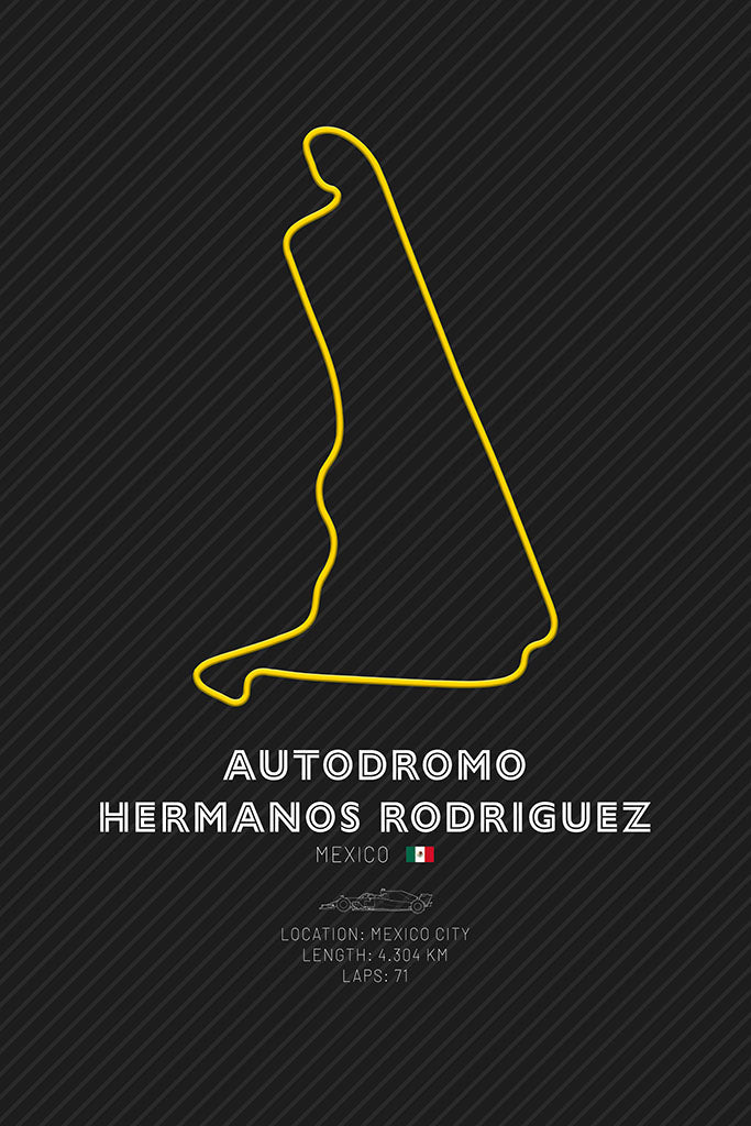 Minimalist art print featuring the layout of the Autodromo Hermanos Rodriguez F1 track in yellow on a dark background, representing the iconic Mexican racing circuit.