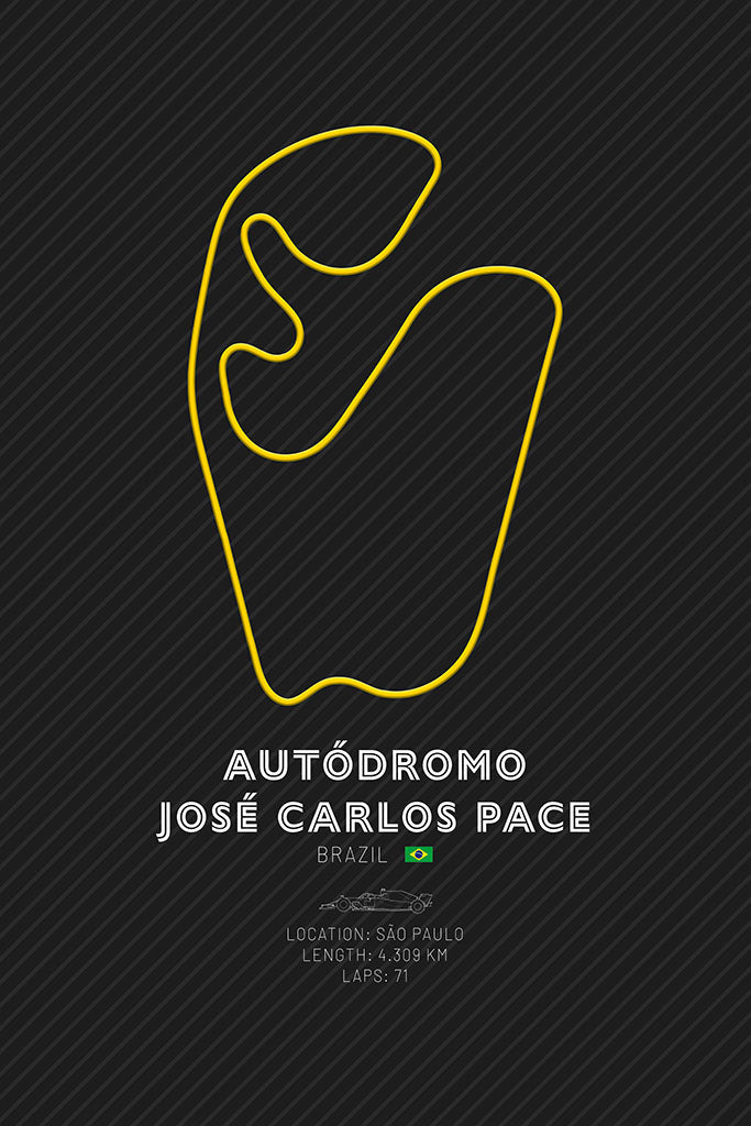 A minimalist art print of the Autódromo José Carlos Pace Interlagos F1 circuit layout, presented in yellow on a black background, representing the iconic Brazilian racing track.