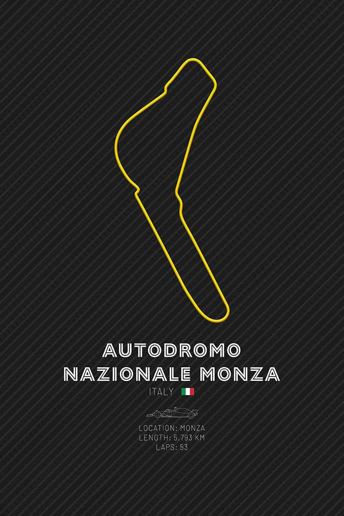 A minimalist art print of the Autódromo Nazionale Monza F1 circuit layout, shown in yellow on a black background, representing the iconic Italian racing track.