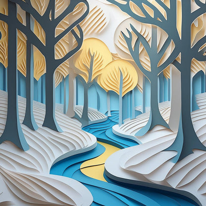 Autumn Glow" by FN Prints is a serene, stylized landscape composed of layered paper cutouts, illustrating an autumnal forest with tall trees and a meandering river. The trees are adorned in beige and blue shades, while the river showcases striking blue and yellow tones highlighted by golden sunlight reflections, crafting a peaceful, abstract interpretation of nature.