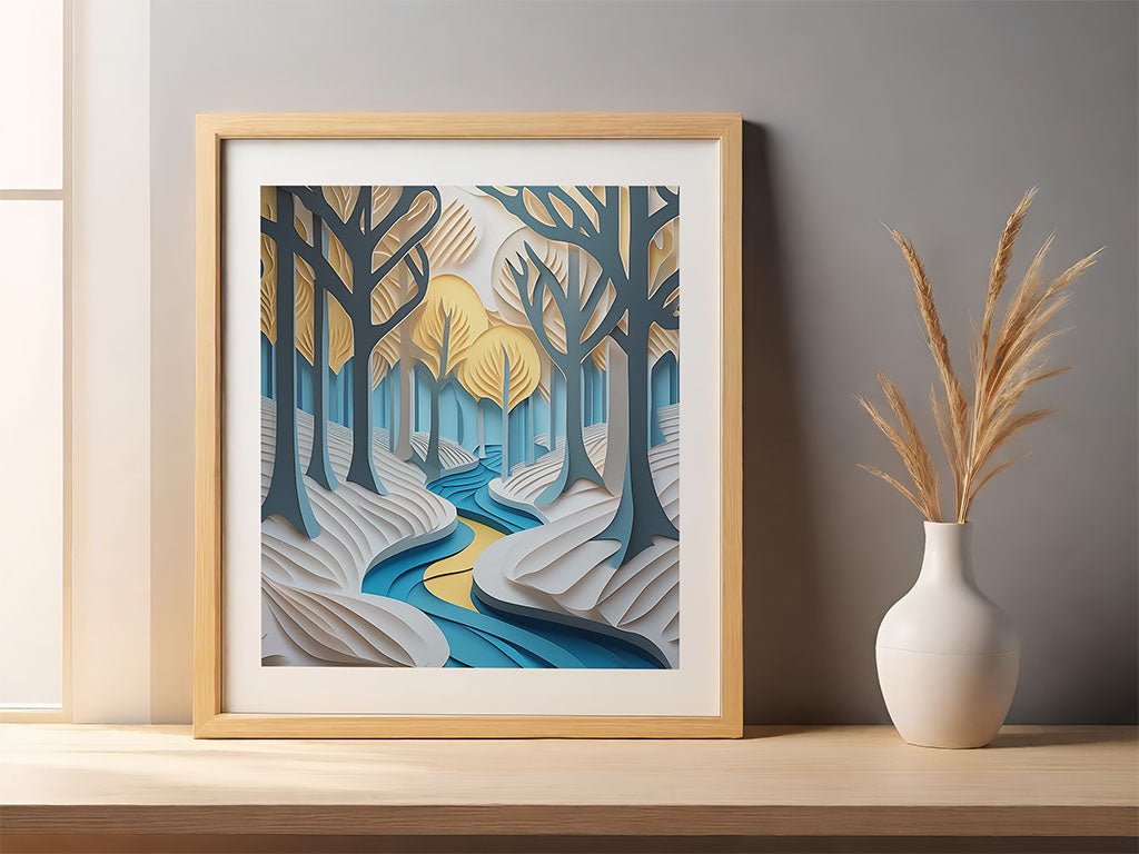 Framed artwork titled "Autumn Glow" by FN Prints showcases a picturesque autumn forest with blue and yellow trees and a serene winding stream. Golden sunlight reflections create a lively dance across the piece. The frame is displayed on a light wooden shelf beside a white vase filled with tall, dried grass.