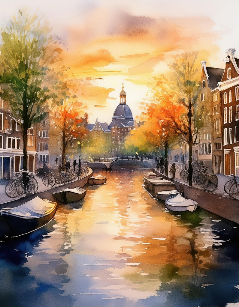 Autumn in Amsterdam by FN Prints captures a digital watercolor artwork of a canal at sunset, highlighting vibrant autumn trees reflecting hues of orange and gold in the water. Boats are moored along the canal, and bikes are parked against the railings. In the distance, a domed building stands under the golden sky, perfectly encapsulating Autumn in Amsterdam.