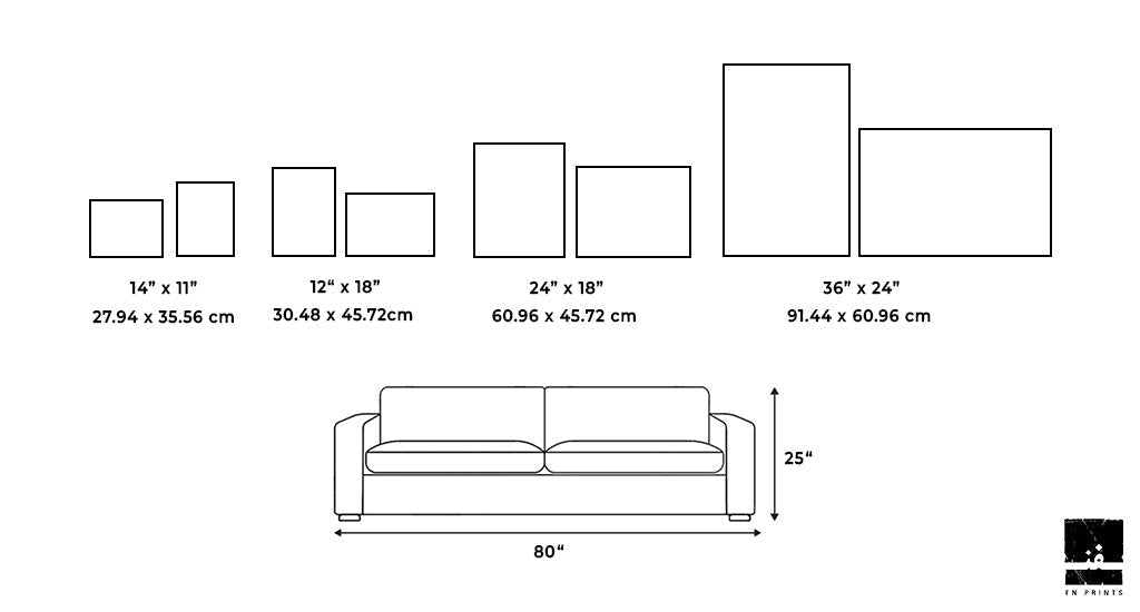 A size comparison chart illustrating the various frame dimensions of FN Prints' "Japanese Minka Lake" art relative to a standard sofa. The frames vary in size from 14"x11" to 36"x24", while the sofa, used as a reference point, measures 80" wide and 25" tall.