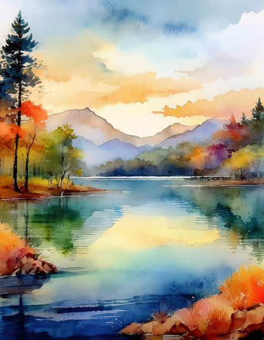 The "Autumn Lake Reflections" art print by FN Prints captures a serene lake bordered by autumnal trees, reflecting the sky’s pastel hues of sunrise or sunset. Mountains loom in the background, partially shrouded in mist. The calm water mirrors the colorful landscape, creating a peaceful, picturesque scene that's perfect for autumnal home decor.