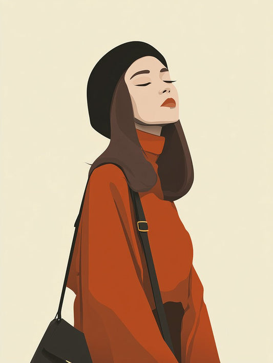 Autumn Muse" by FN Prints—minimalist art of a person with long brown hair, black beret, orange turtleneck, and black shoulder bag. Eyes closed for a chic, neutral vibe. Ideal wall art for minimalist or fashion-inspired decor.
