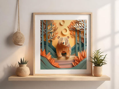 A framed digital artwork titled "Baabar The Bear" from FN Prints adorns the wall, showcasing a forest setting and a folded paper effect. It harmonizes beautifully with decor elements such as a small potted plant, a hanging basket, and a woven pot on the wooden shelf.