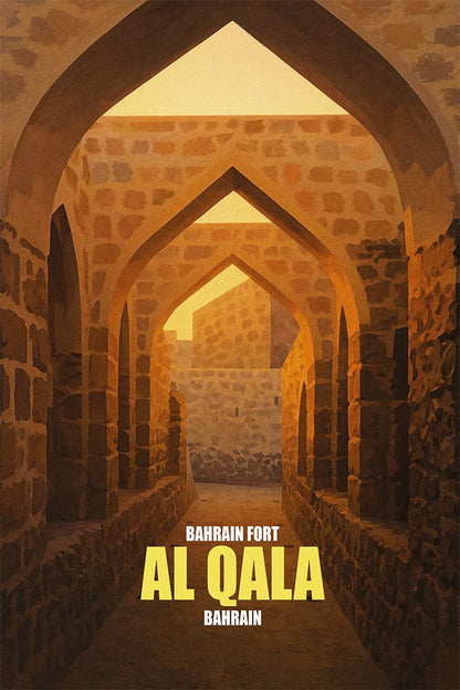 Stone archway with 'Al Qala' text, likely representing Bahrain Fort in Bahrain